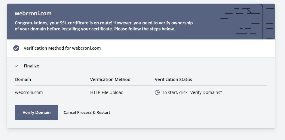 Verify Domain to Finalize Process